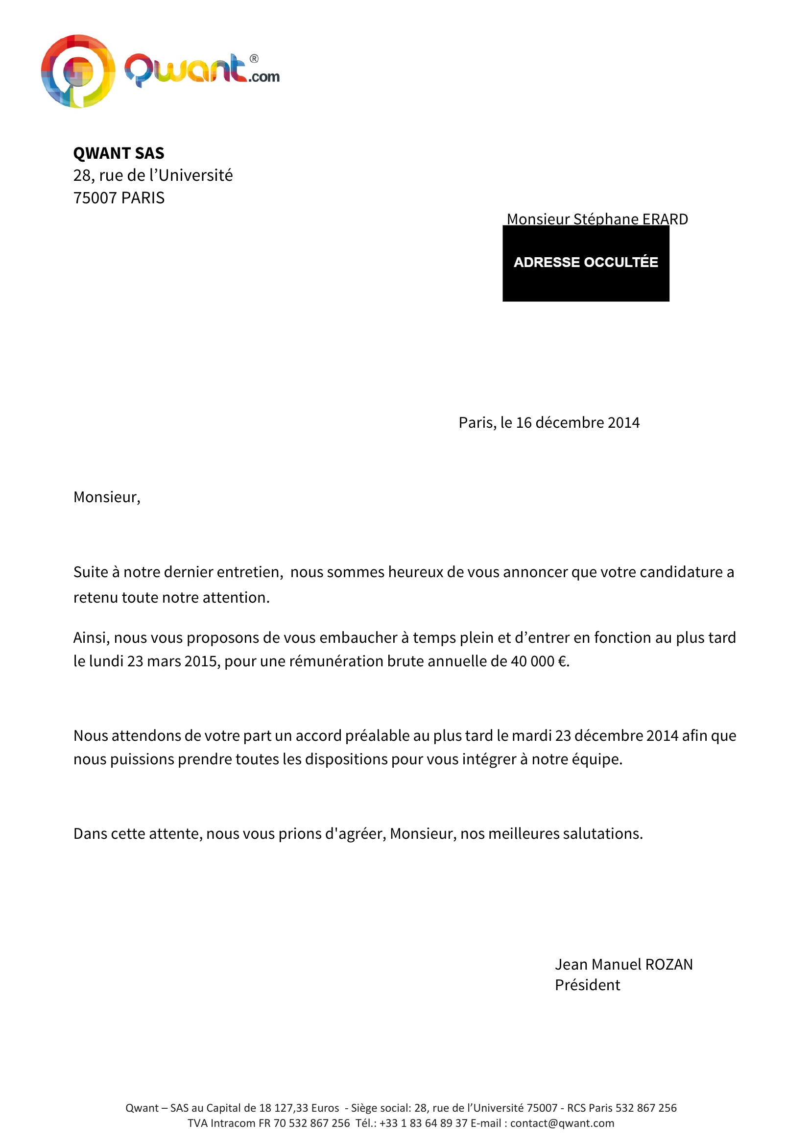 Lettre de promesse d'embauche Qwant du 16 décembre 2014